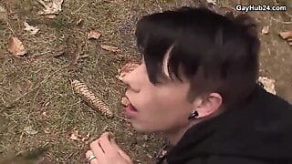 Outdoor gay sex in the woods. Cum on ass